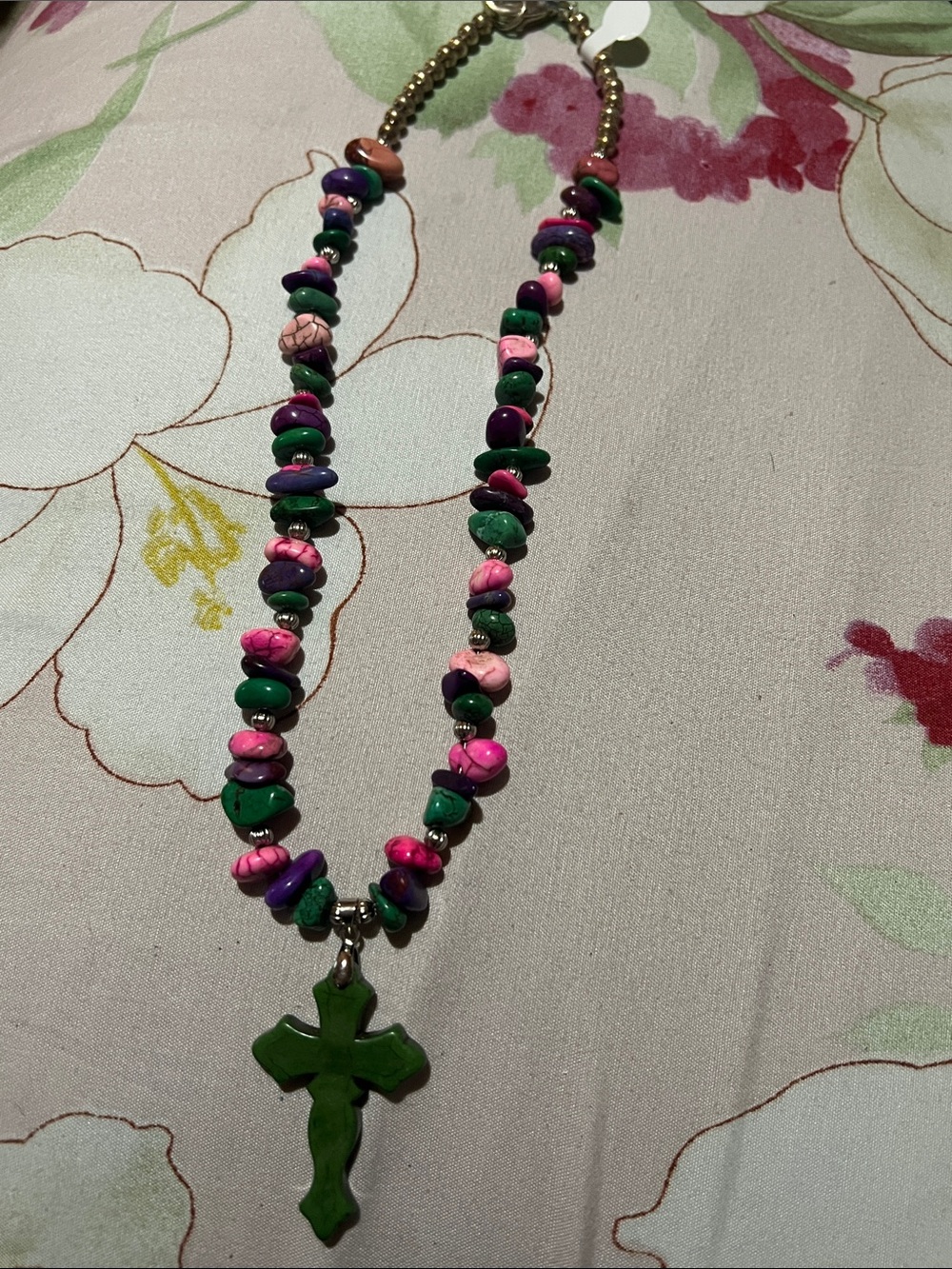 Source Unknown Pink, Purple and Green Beaded Necklace with Green Cross Pendant